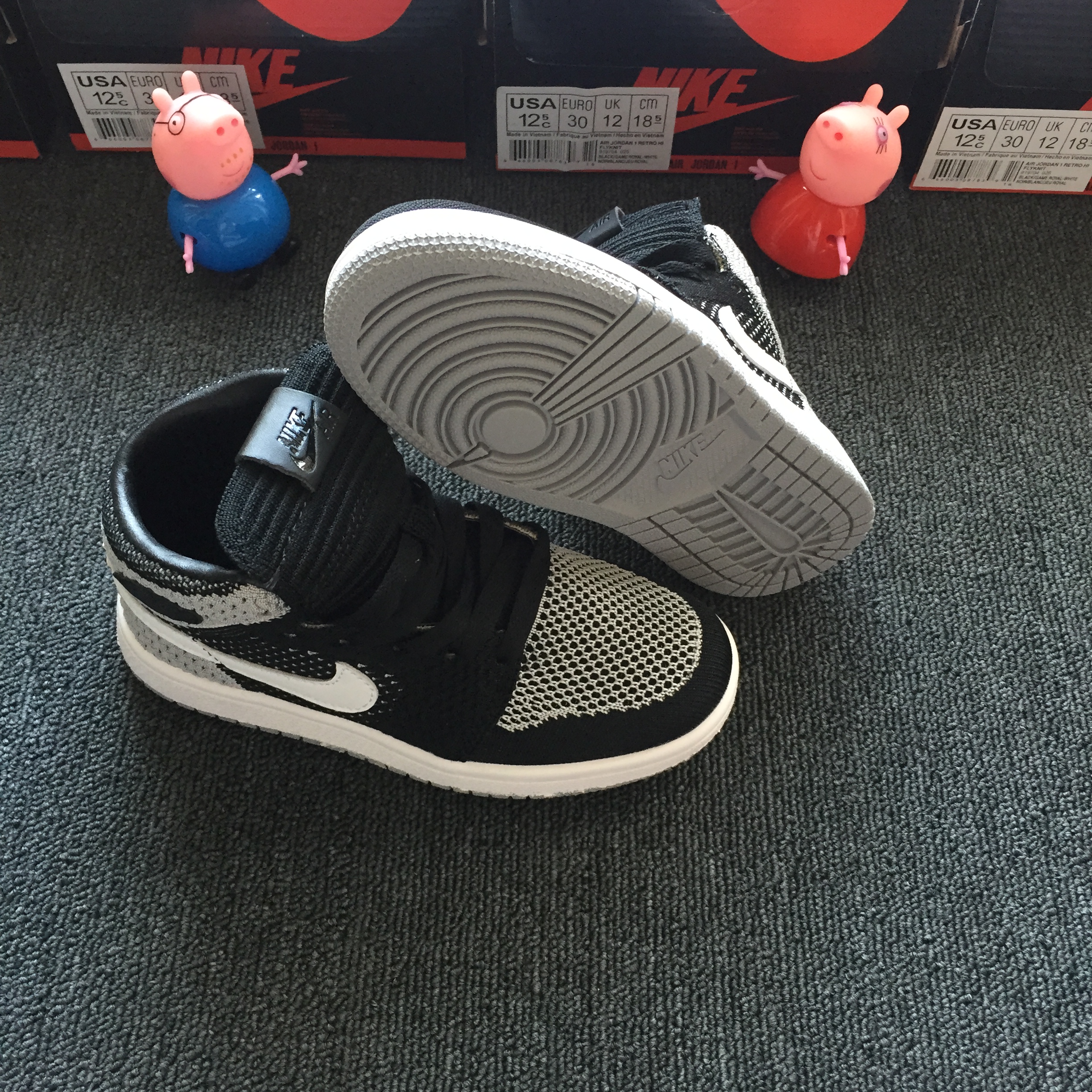 2018 Kids Jordan 1 Flyknit Black Grey White Shoes - Click Image to Close